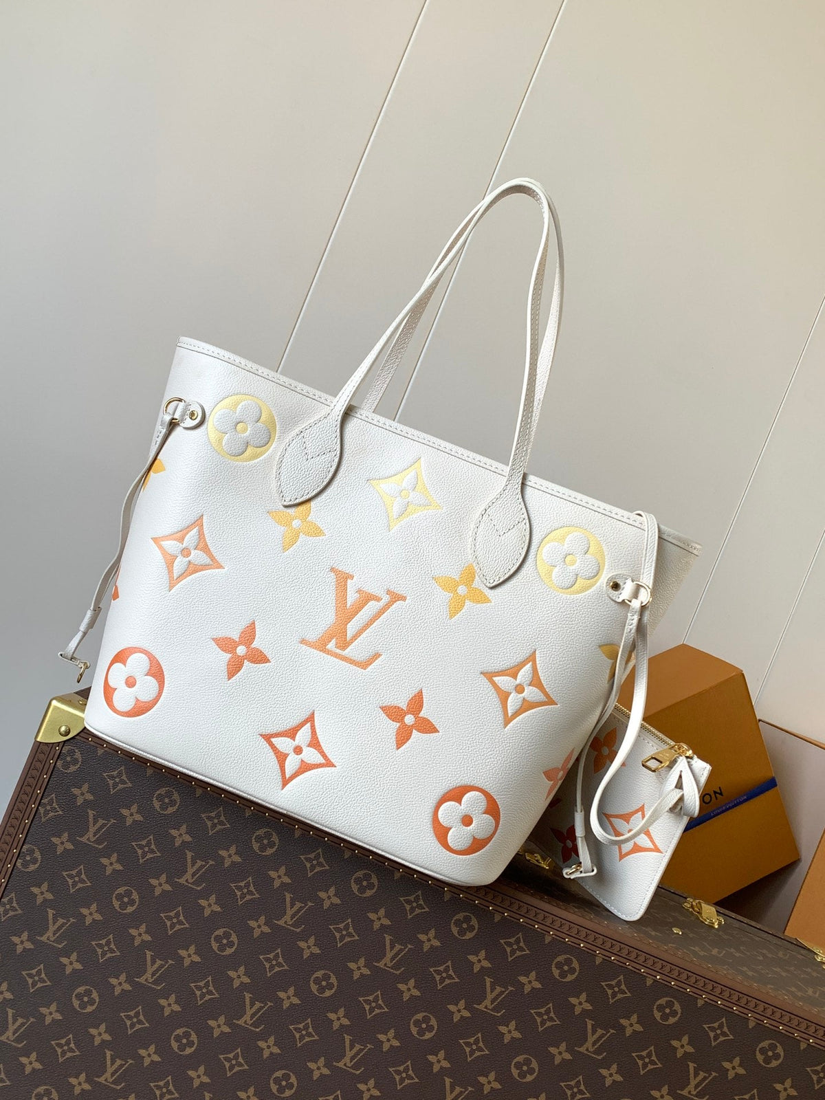 LV NEVERFULL MM TOTE BAG 32 IN WHITE MIX ORANGE CALFSKIN