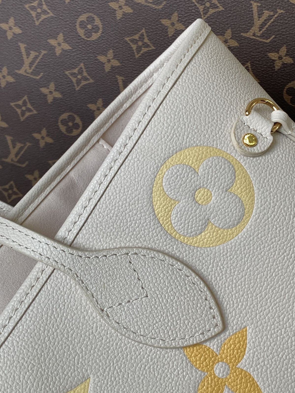 LV NEVERFULL MM TOTE BAG 32 IN WHITE MIX ORANGE CALFSKIN