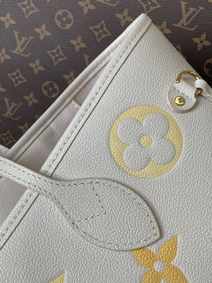 LV NEVERFULL MM TOTE BAG 32 IN WHITE MIX ORANGE CALFSKIN