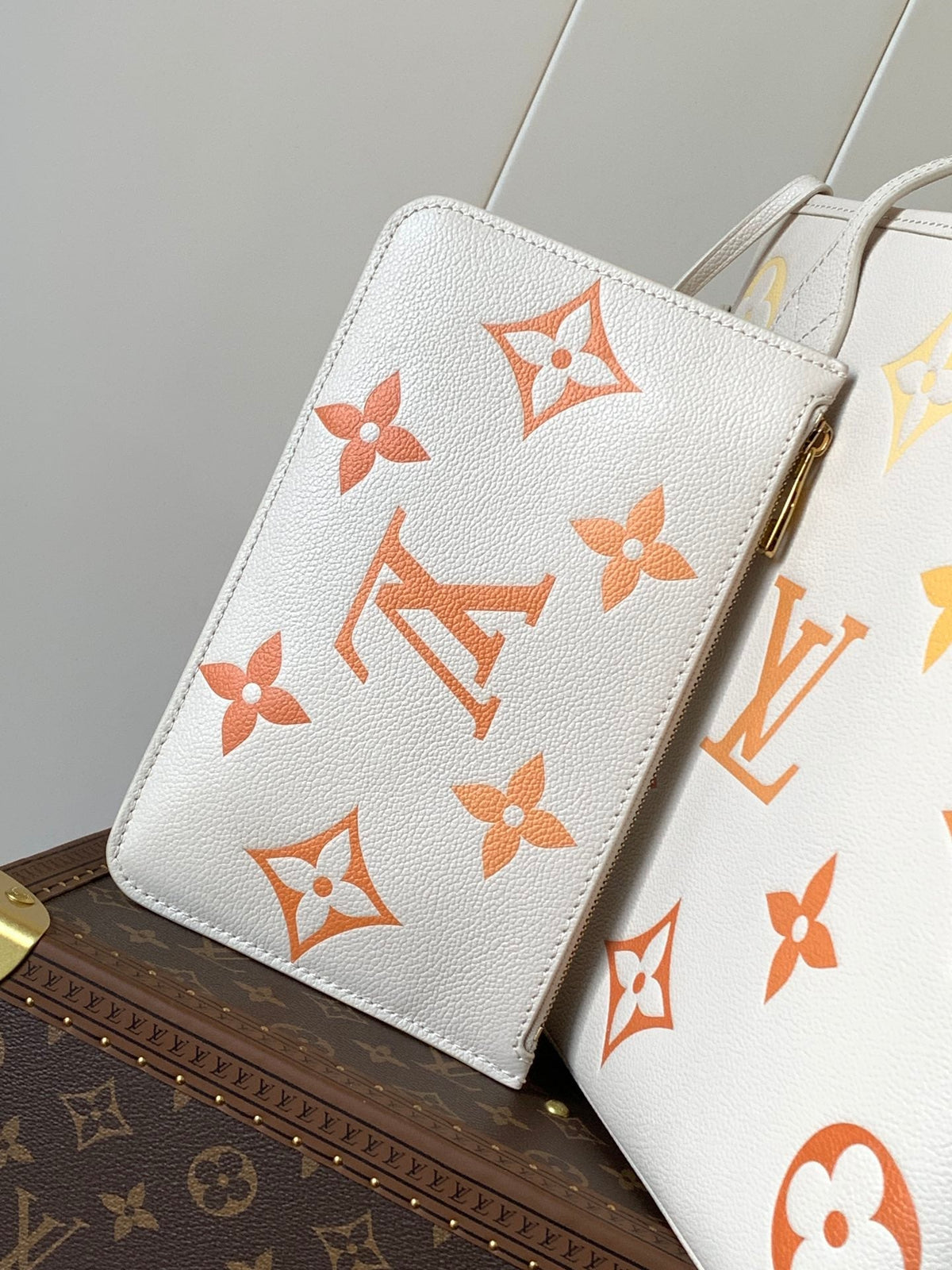 LV NEVERFULL MM TOTE BAG 32 IN WHITE MIX ORANGE CALFSKIN