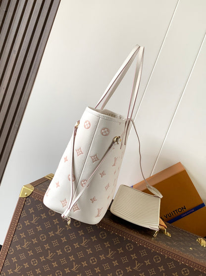 LV NEVERFULL MM TOTE BAG 32 IN WHITE MIX PINK CALFSKIN