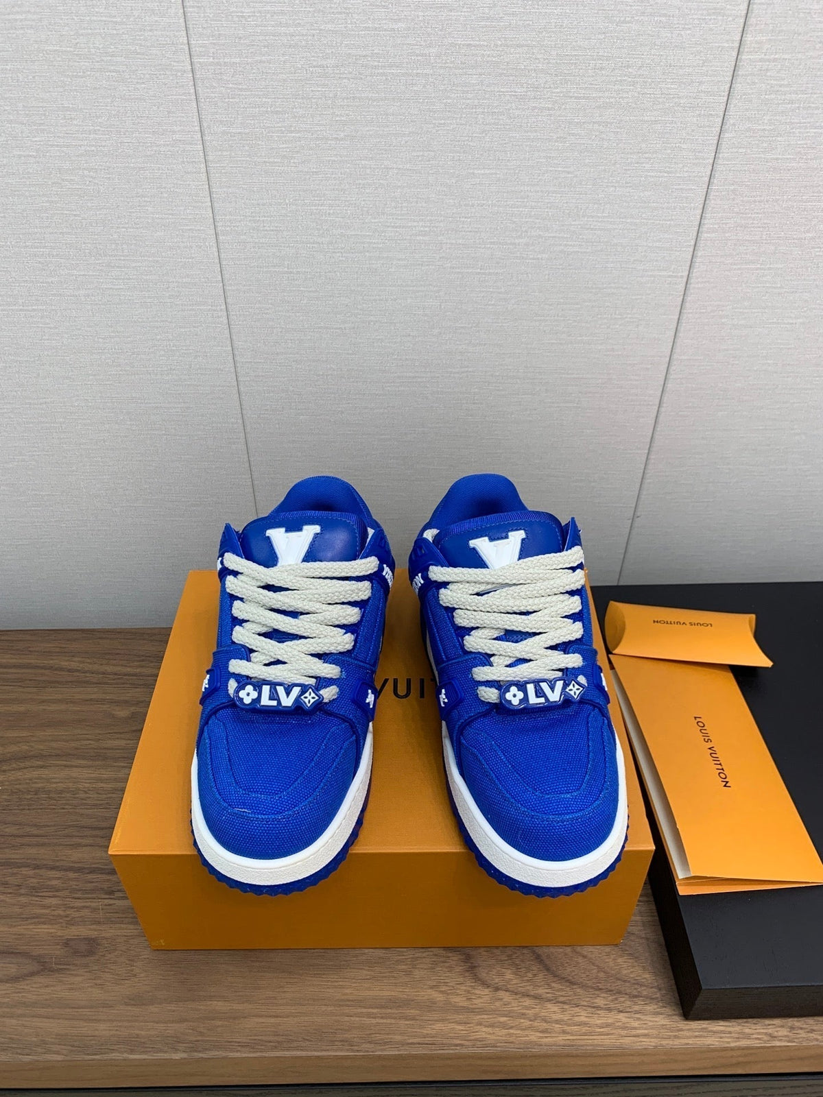 LV WOMEN'S TRAINER IN COBALT BLUE JACQUARD AND CALFSKIN