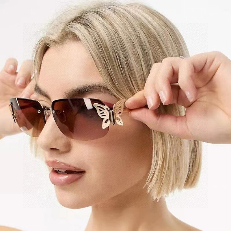 BUTTERFLY EMBELLISHED RIMLESS RECTANGULAR FRAME SUNGLASSES 570245 IN METAL
