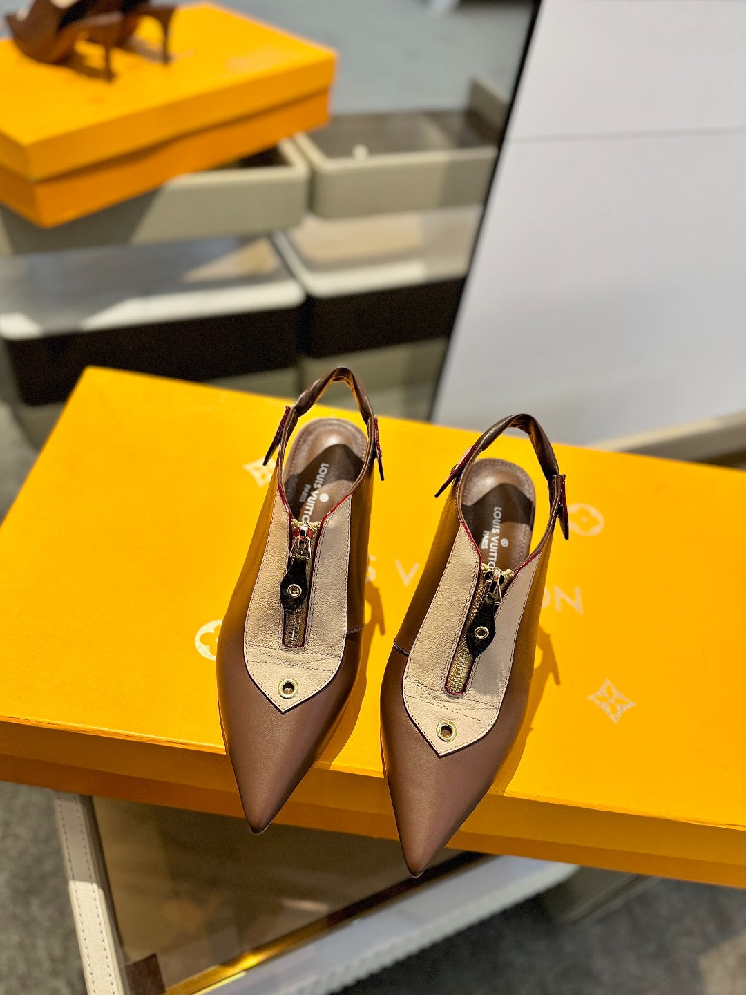 ALLURE HIGH 8 CM SLINGBACK IN CHOCOLATE MIX SAND BROWN CALFSKIN