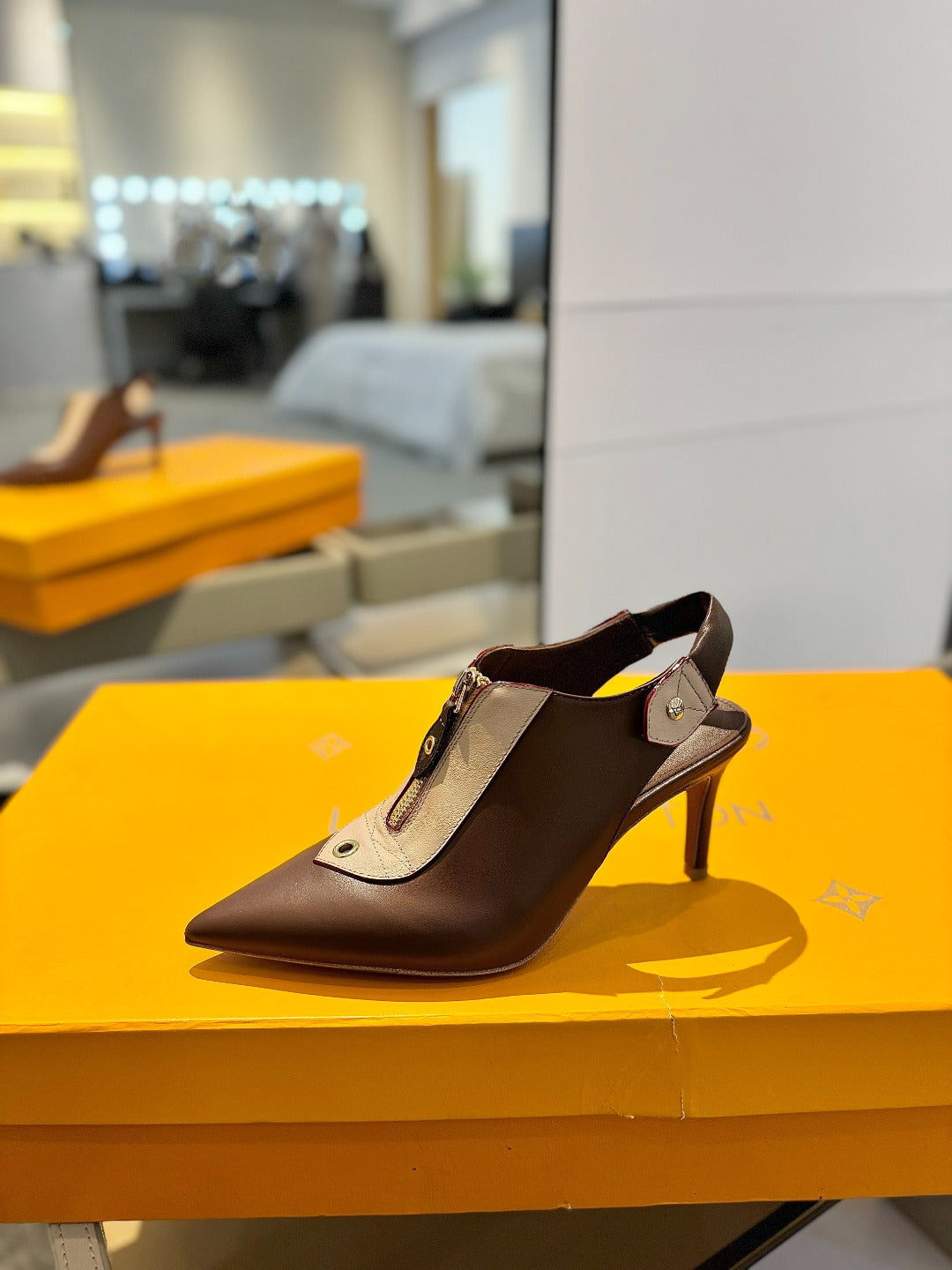 ALLURE HIGH 8 CM SLINGBACK IN CHOCOLATE MIX SAND BROWN CALFSKIN