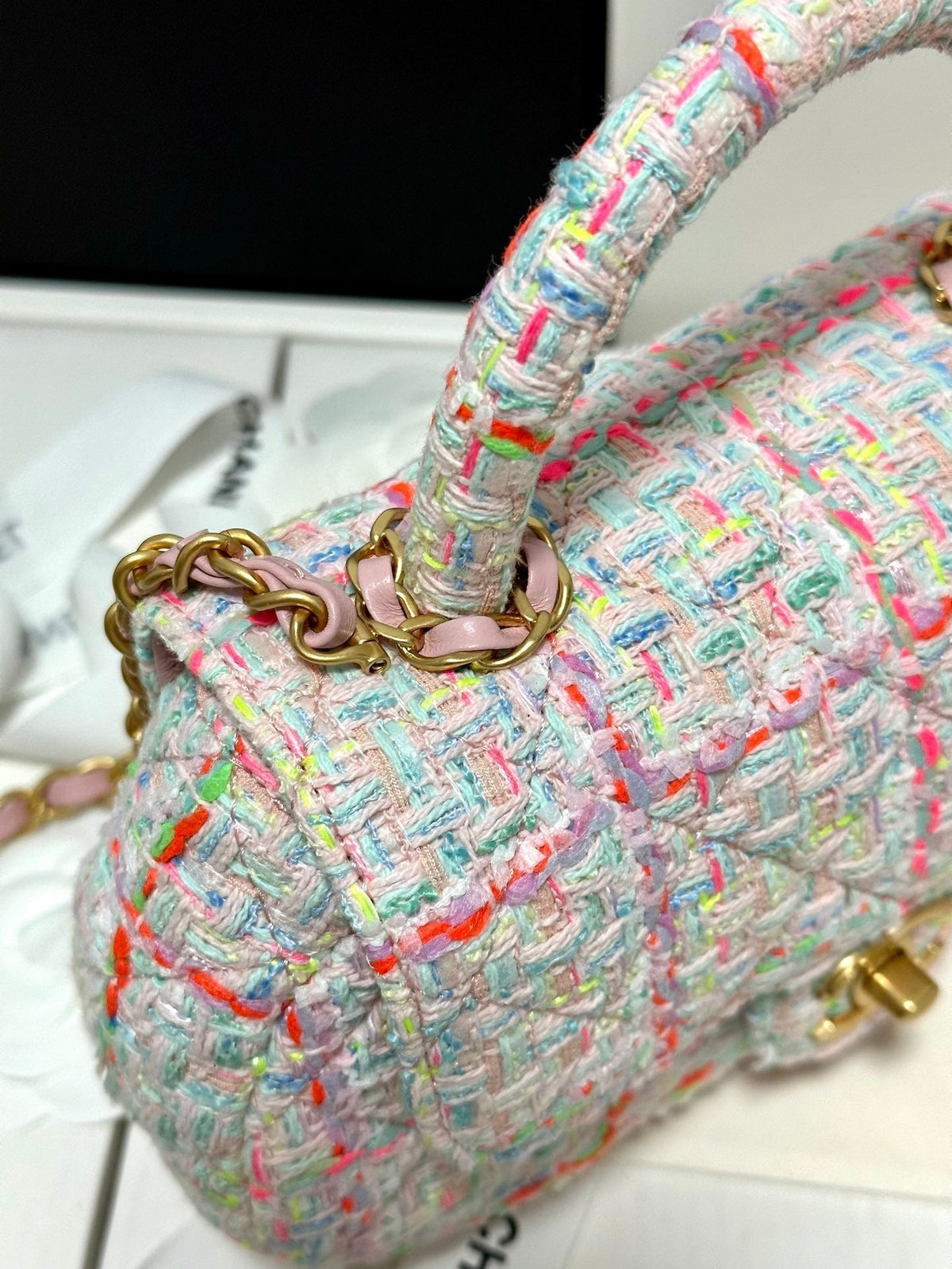 Chanel Mini Flap Bag with Top Handle Pink Tweed Bag