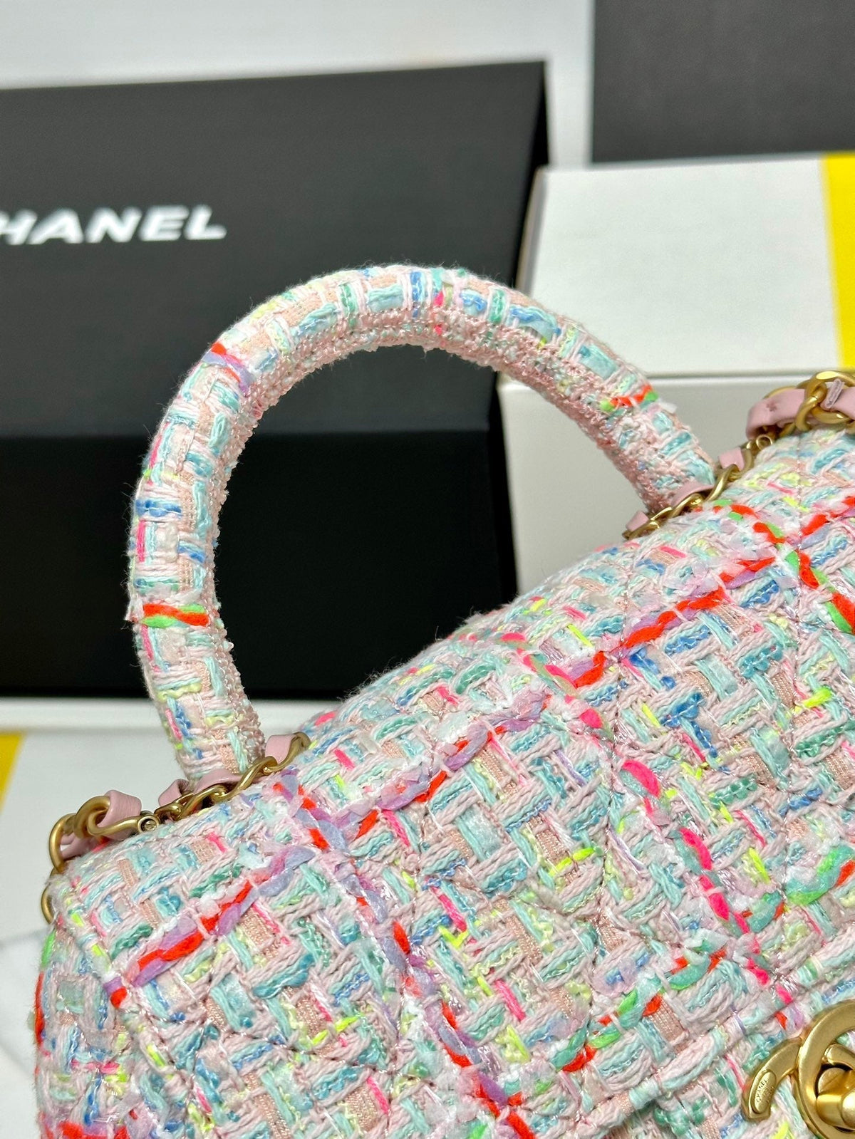 Chanel Mini Flap Bag with Top Handle Pink Tweed Bag