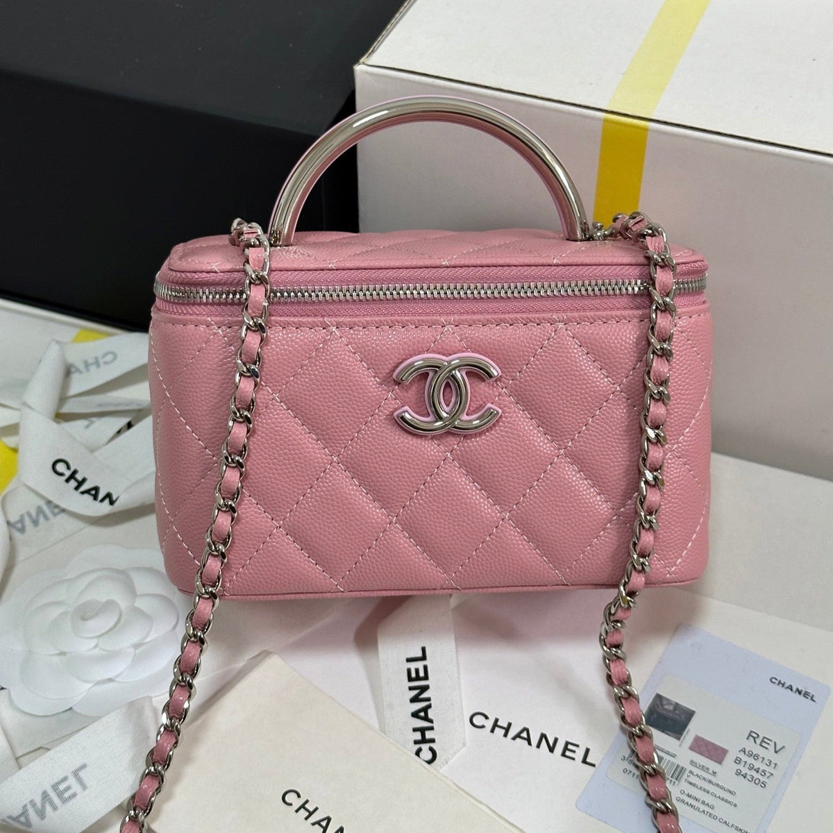 MINI VANITY TOP HANDLE CASE 17 IN PINK CAVIAR SKIN SILVER-TONE PLATED METAL