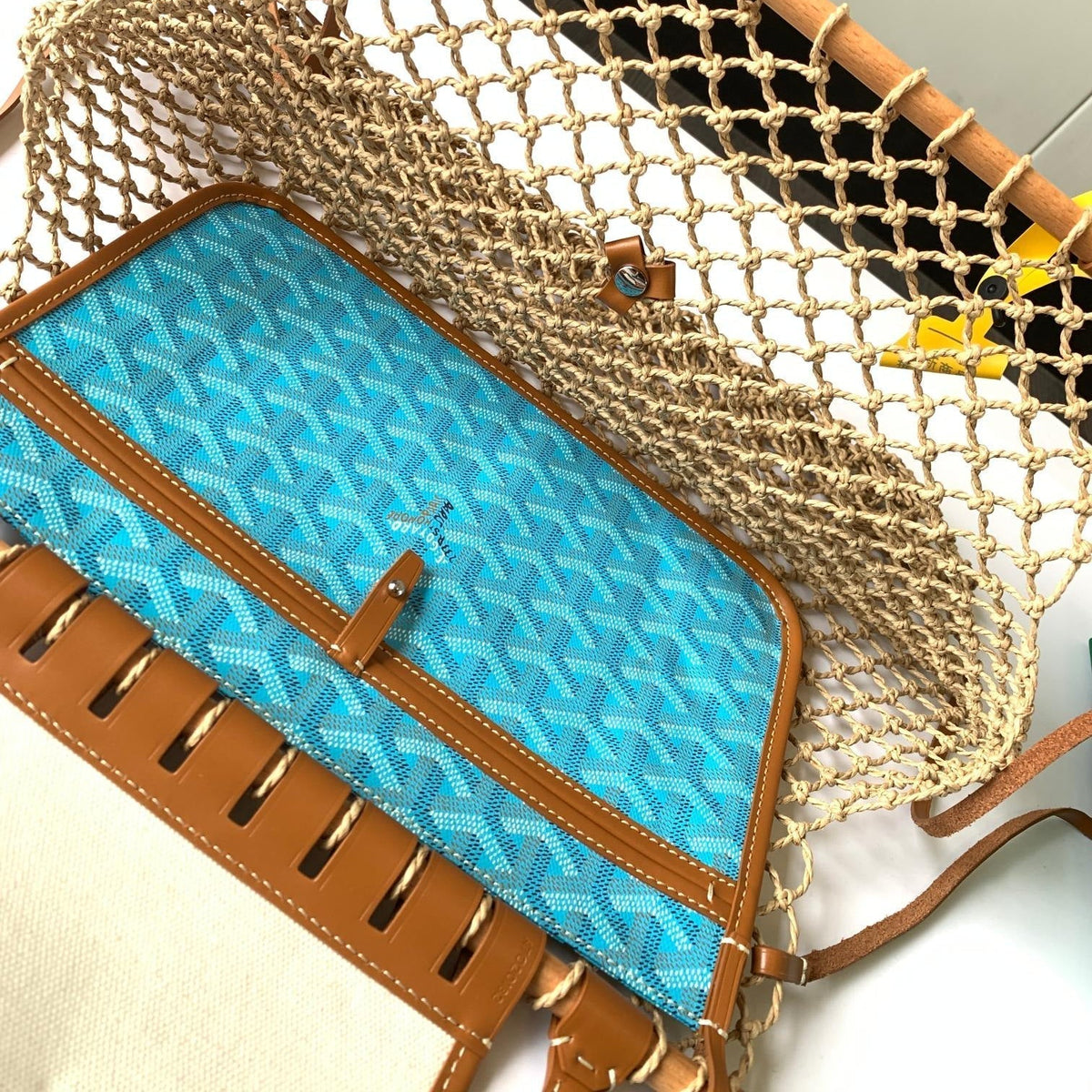 ALIGRE BAG 40 IN BABY BLUE WOVEN RAFFIA AND CALFSKIN