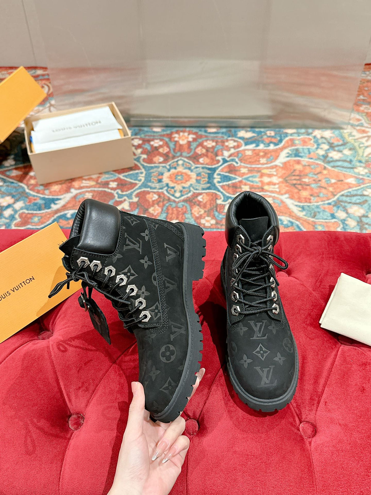 LV X TIMBERLAND ANKLE BOOT IN BLACK MONOGRAM SUEDE