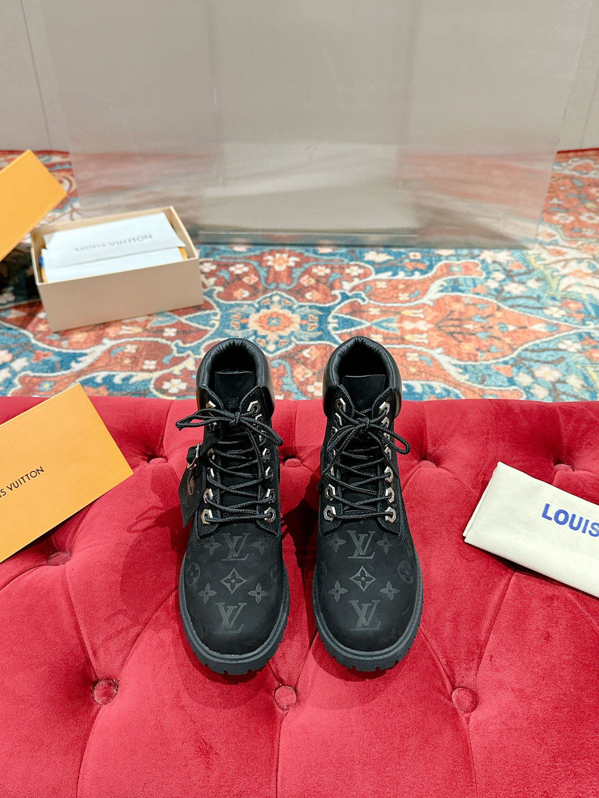 LV X TIMBERLAND ANKLE BOOT IN BLACK MONOGRAM SUEDE