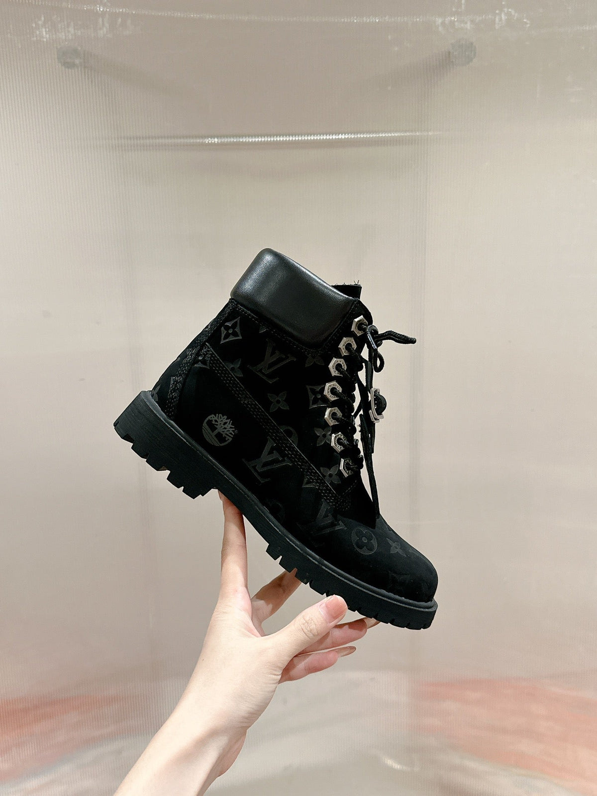 LV X TIMBERLAND ANKLE BOOT IN BLACK MONOGRAM SUEDE