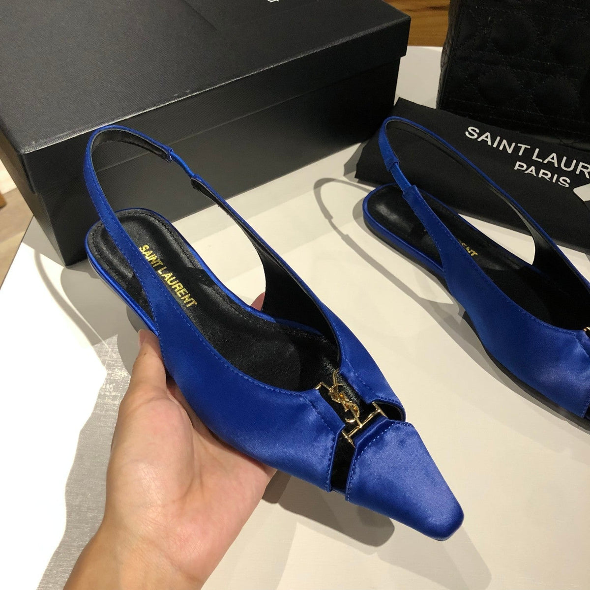 BABYLONE SLINGBACK FLAT IN SAPPHIRE BLUE SILK