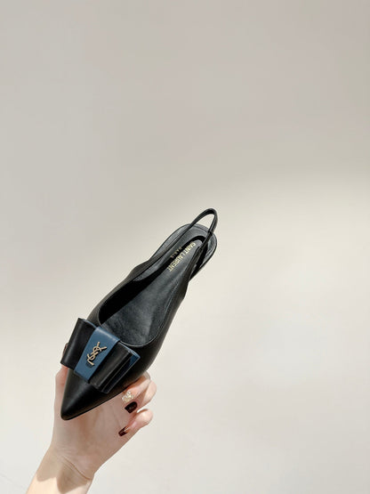 CASSANDRA SLINGBACK FLAT IN BLACK MIX BLUE SMOOTH LAMBSKIN