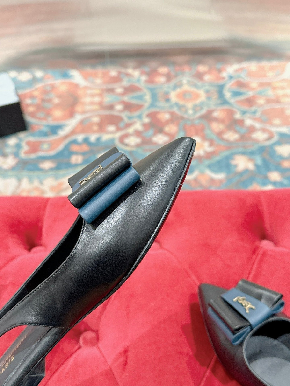 CASSANDRA SLINGBACK FLAT IN BLACK MIX BLUE SMOOTH LAMBSKIN