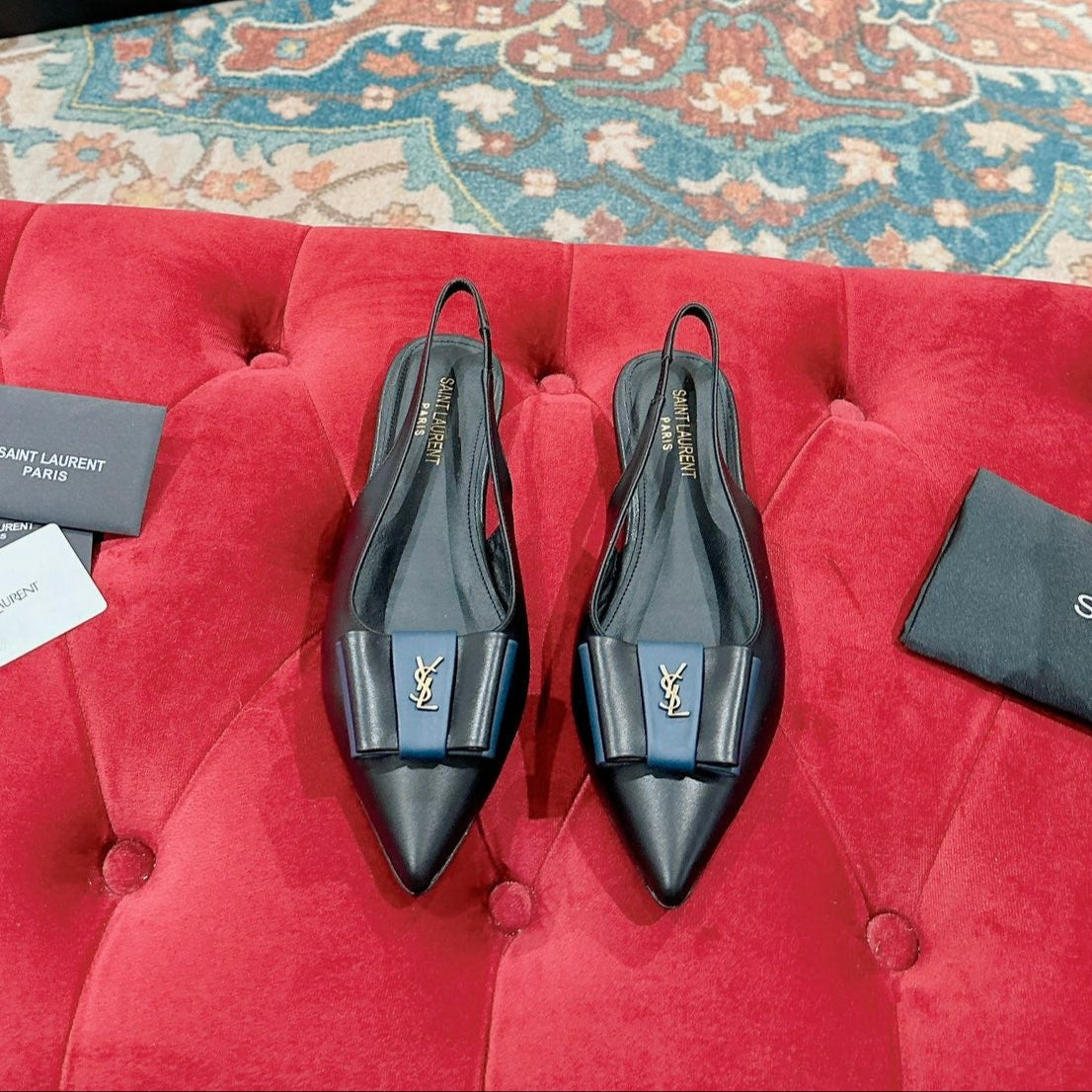 CASSANDRA SLINGBACK FLAT IN BLACK MIX BLUE SMOOTH LAMBSKIN