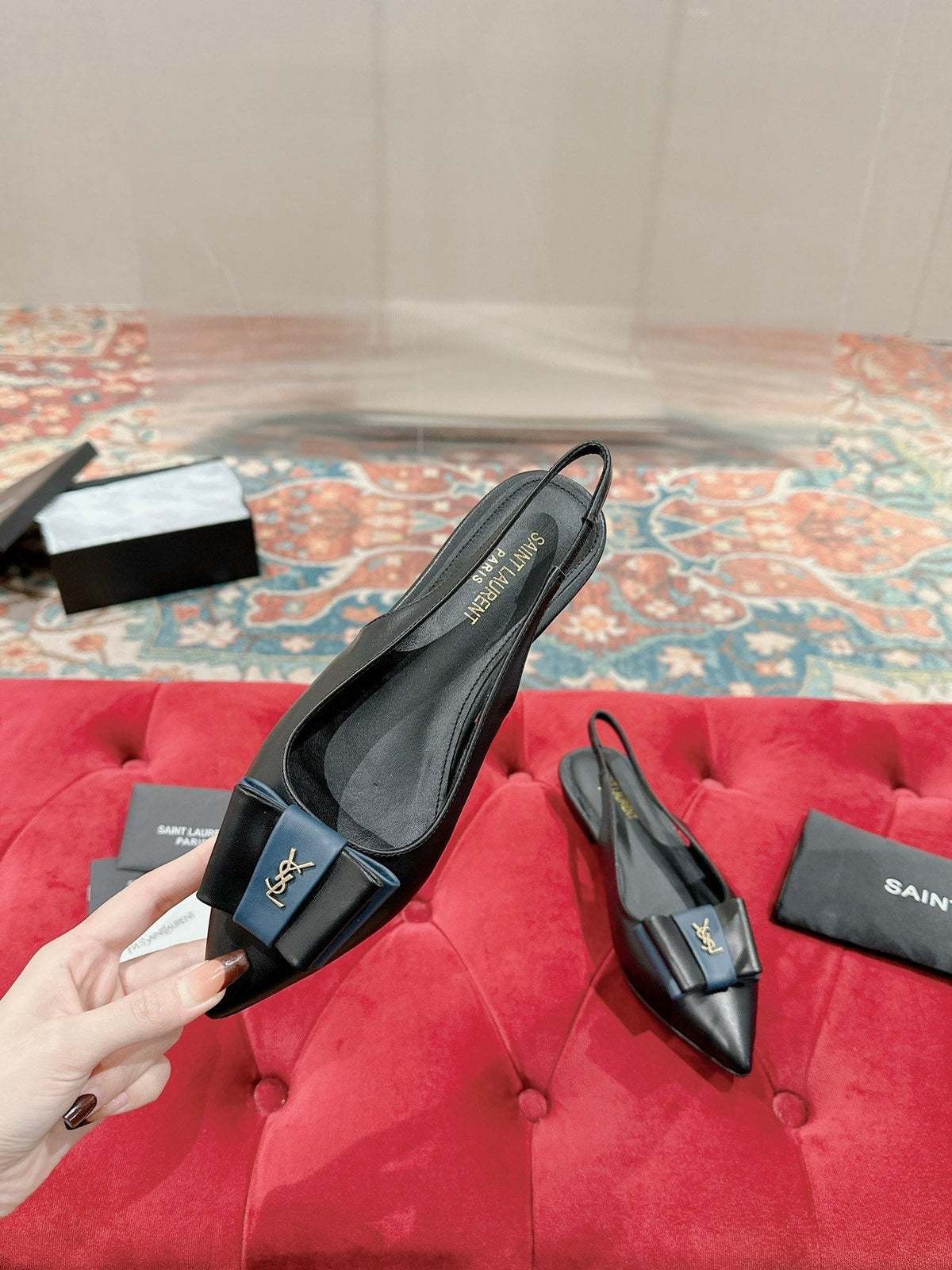 CASSANDRA SLINGBACK FLAT IN BLACK MIX BLUE SMOOTH LAMBSKIN