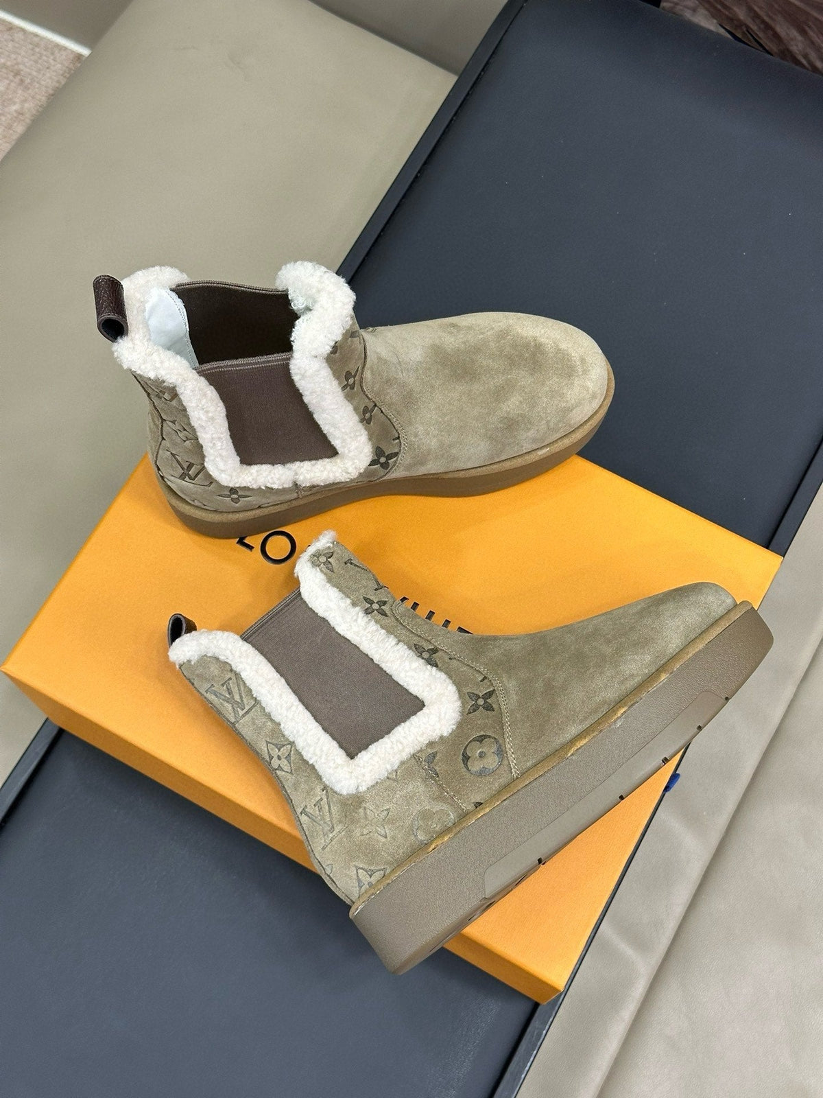 ASPEN CHELSEA ANKLE BOOTS IN ECRU BEIGE MONOGRAM-DEBOSSED SUEDE