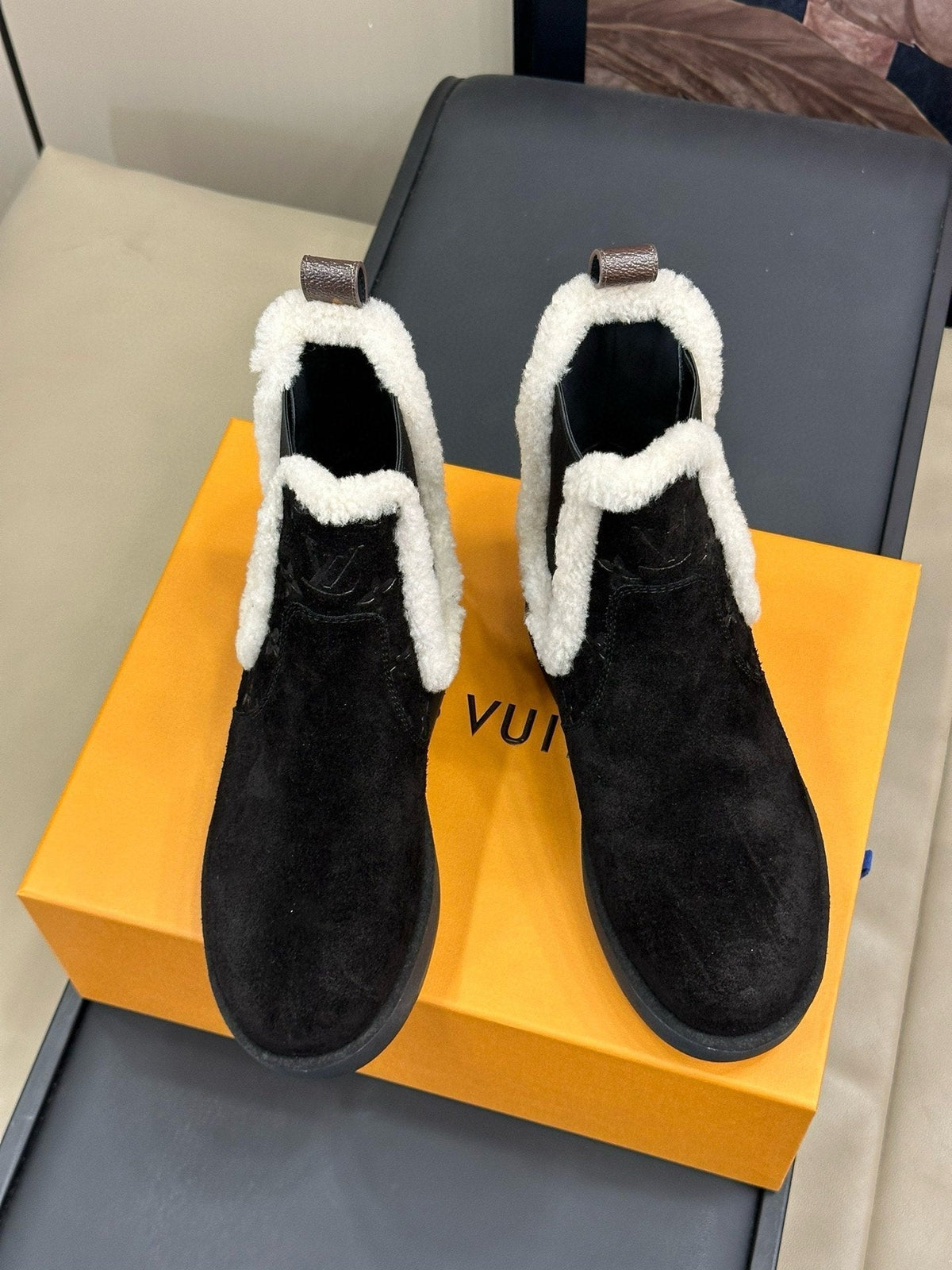 ASPEN CHELSEA ANKLE BOOTS IN BLACK MONOGRAM-DEBOSSED SUEDE
