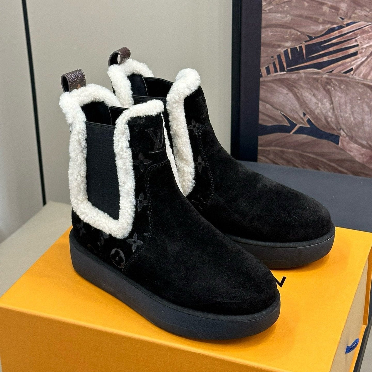 ASPEN CHELSEA ANKLE BOOTS IN BLACK MONOGRAM-DEBOSSED SUEDE