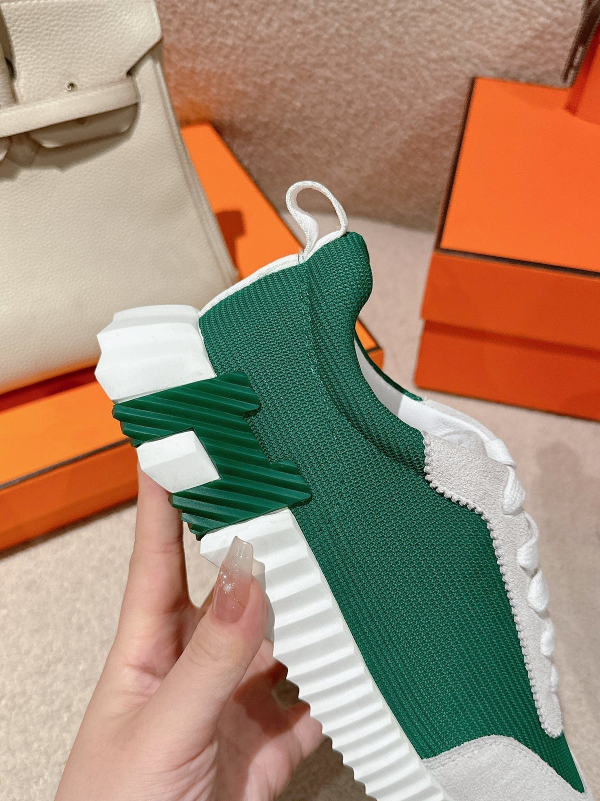MAINLAND SNEAKER IN PALE GRAY SUEDE AND FOREST GREEN BREATHABLE MESH FABRIC