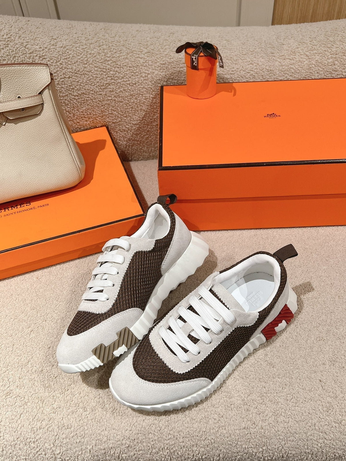 MAINLAND SNEAKER IN PALE GRAY SUEDE AND MOCHA BROWN BREATHABLE MESH FABRIC