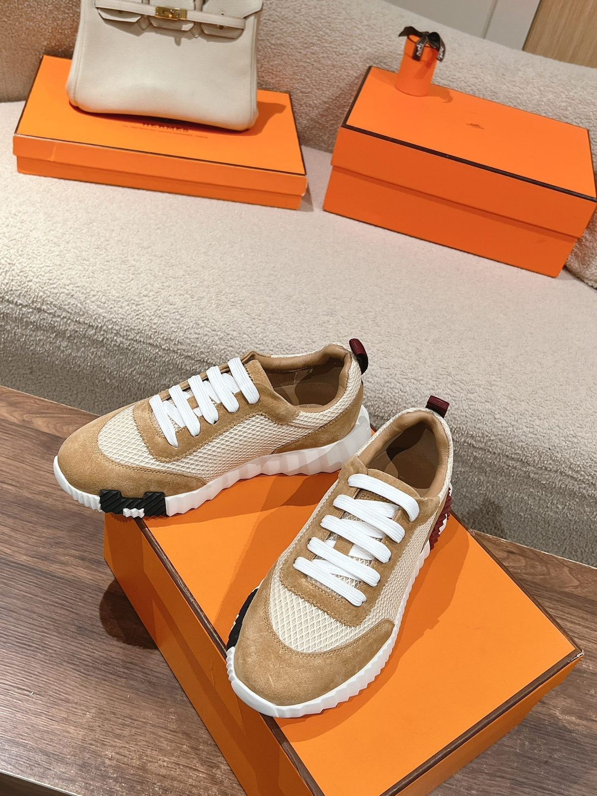 MAINLAND SNEAKER IN PEANUT BROWN SUEDE AND WHITE BREATHABLE MESH FABRIC