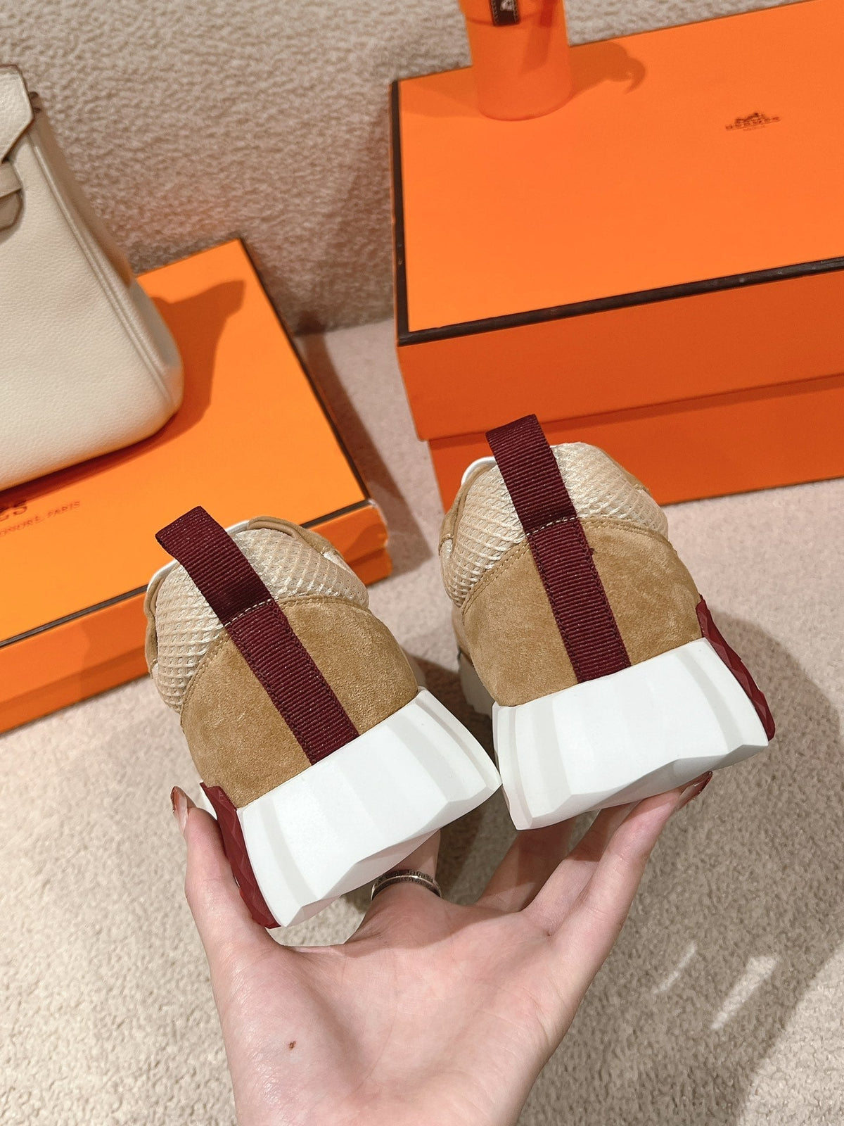 MAINLAND SNEAKER IN PEANUT BROWN SUEDE AND WHITE BREATHABLE MESH FABRIC