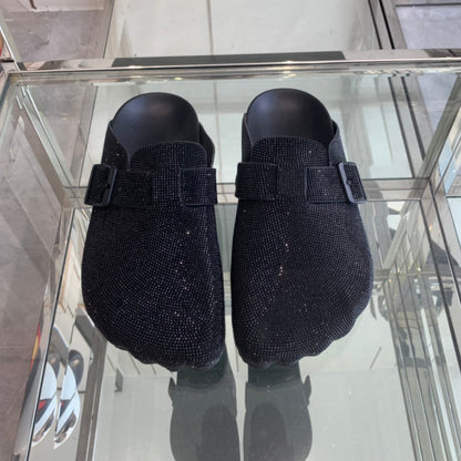 BIRKENSTOCK CLOG ATTACHED RHINESTONES IN BLACK CALFSKIN