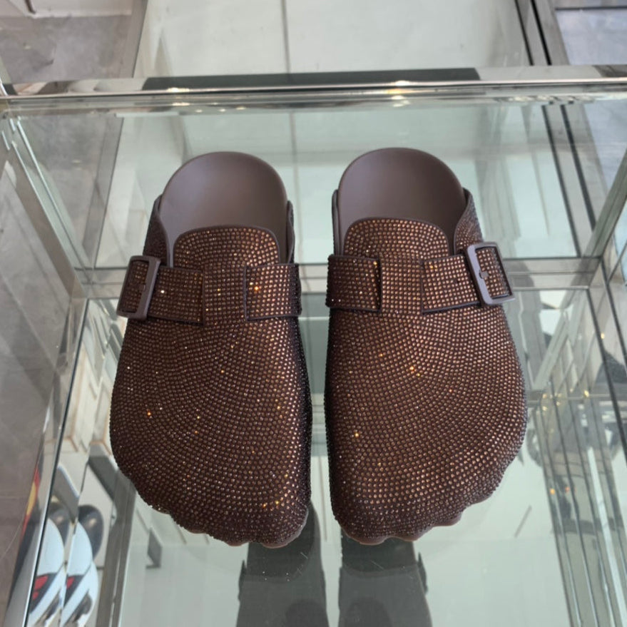 BIRKENSTOCK CLOG ATTACHED RHINESTONES IN BROWN CALFSKIN