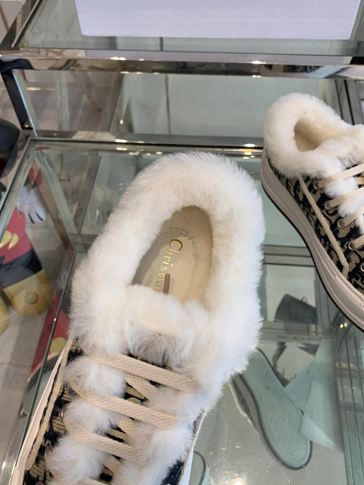 ALK'N PLATFORM SNEAKER CAMEL BROWN COTTON EMBROIDERED WITH OBLIQUE MOTIF AND WHITE SHEARLING