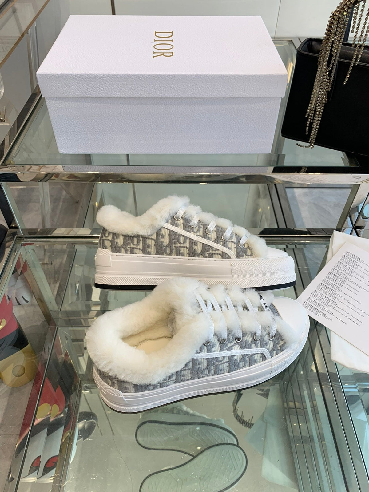 ALK'N PLATFORM SNEAKER PALE GRAY COTTON EMBROIDERED WITH OBLIQUE MOTIF AND WHITE SHEARLING
