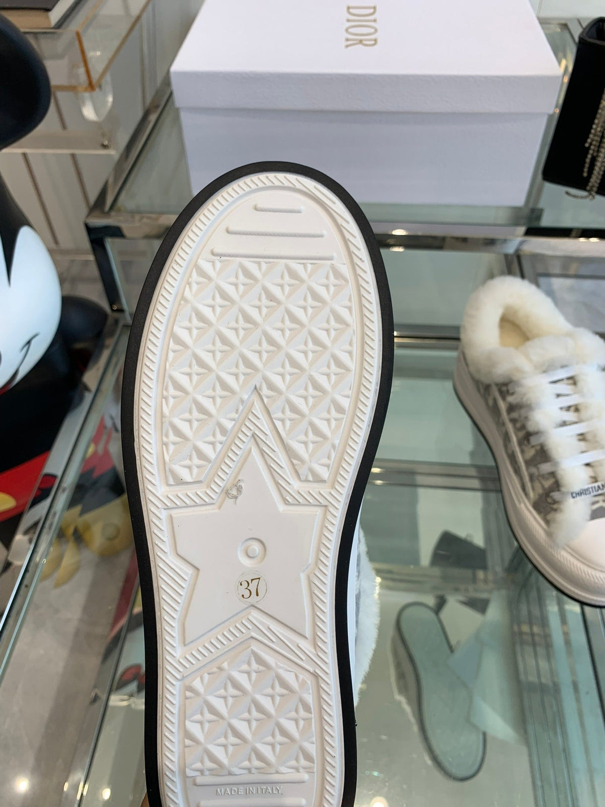 ALK'N PLATFORM SNEAKER PALE GRAY COTTON EMBROIDERED WITH OBLIQUE MOTIF AND WHITE SHEARLING