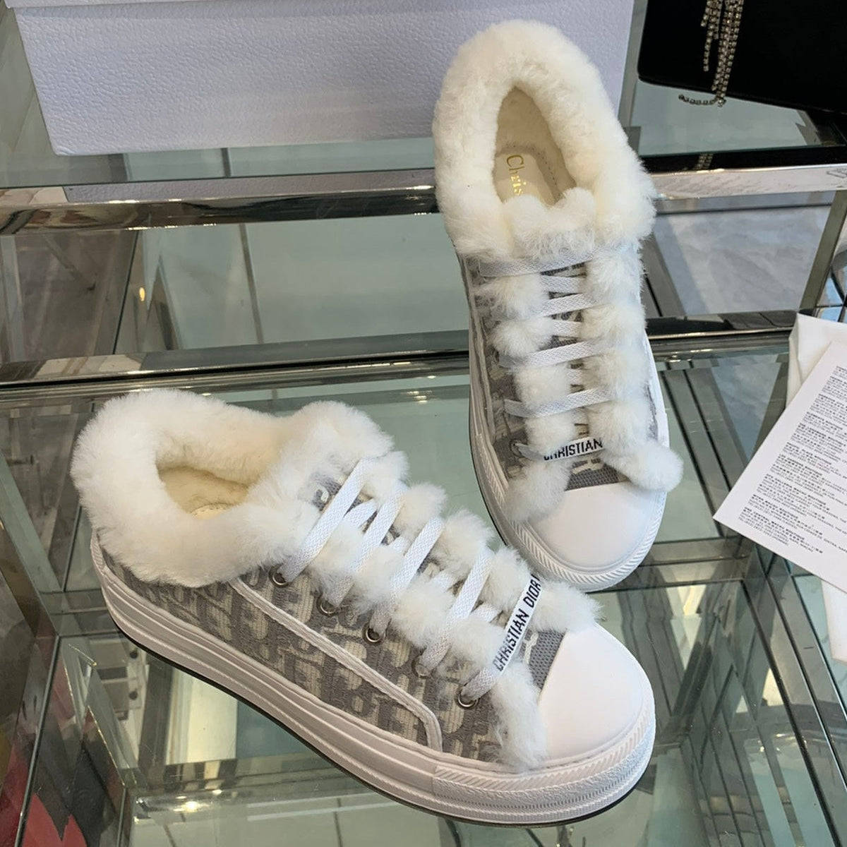 ALK'N PLATFORM SNEAKER PALE GRAY COTTON EMBROIDERED WITH OBLIQUE MOTIF AND WHITE SHEARLING