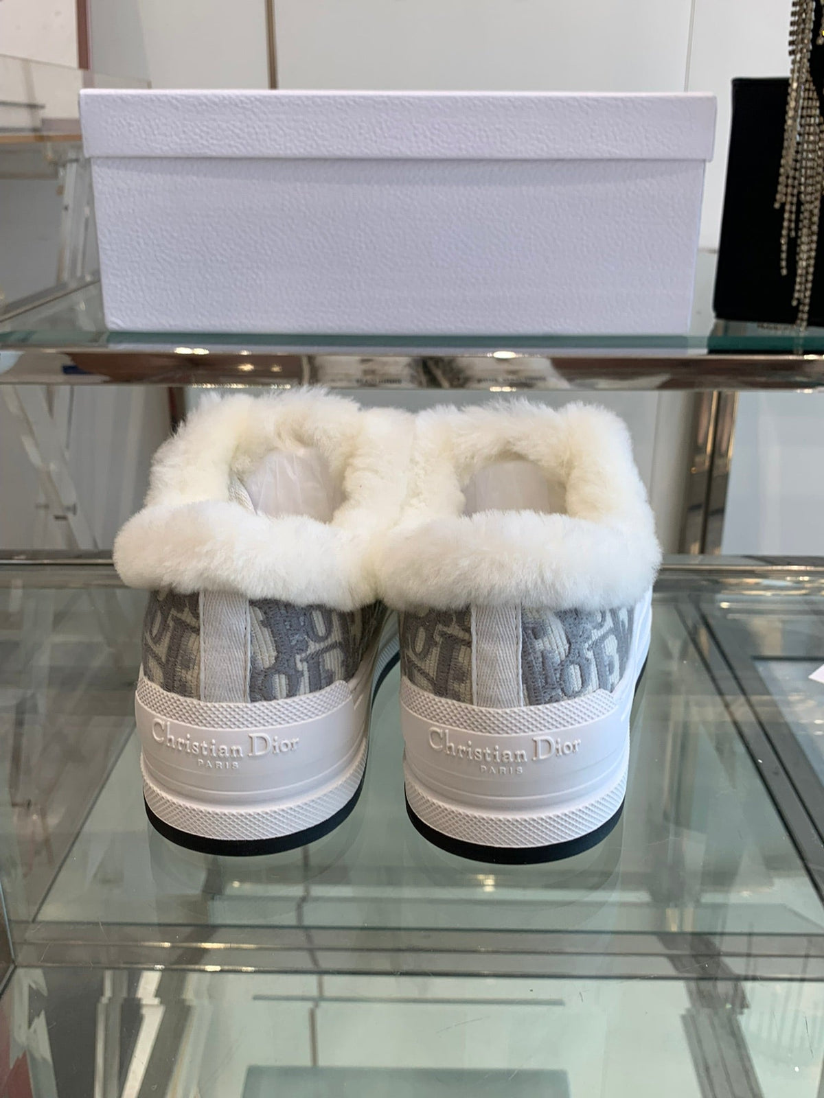 ALK'N PLATFORM SNEAKER PALE GRAY COTTON EMBROIDERED WITH OBLIQUE MOTIF AND WHITE SHEARLING