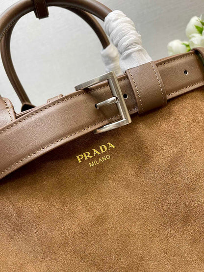 MEDIUM TOTE BAG WITH BELT 35 IN RUSSET BROWN SUEDE