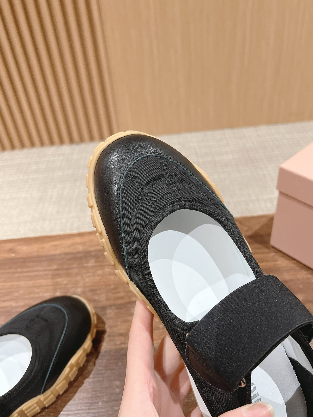 BALLET SHOES IN BLACK LAMBSKIN AND FABRIC ANTI-SLIP RUBBER SOLE