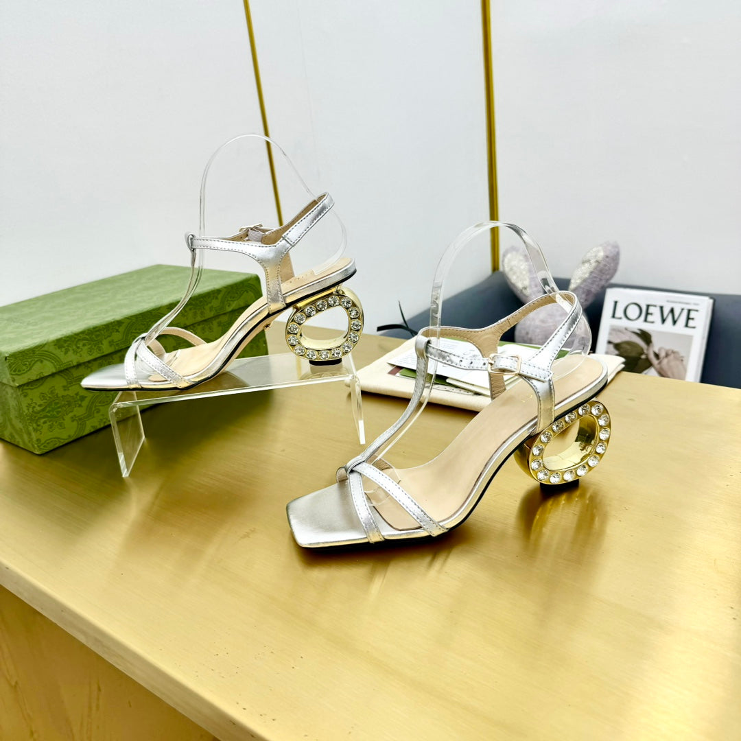 MEDIUM-HEEL SANDAL IN SILVER CALFSKIN GOLD HARDWARE WITH RHINSTONES