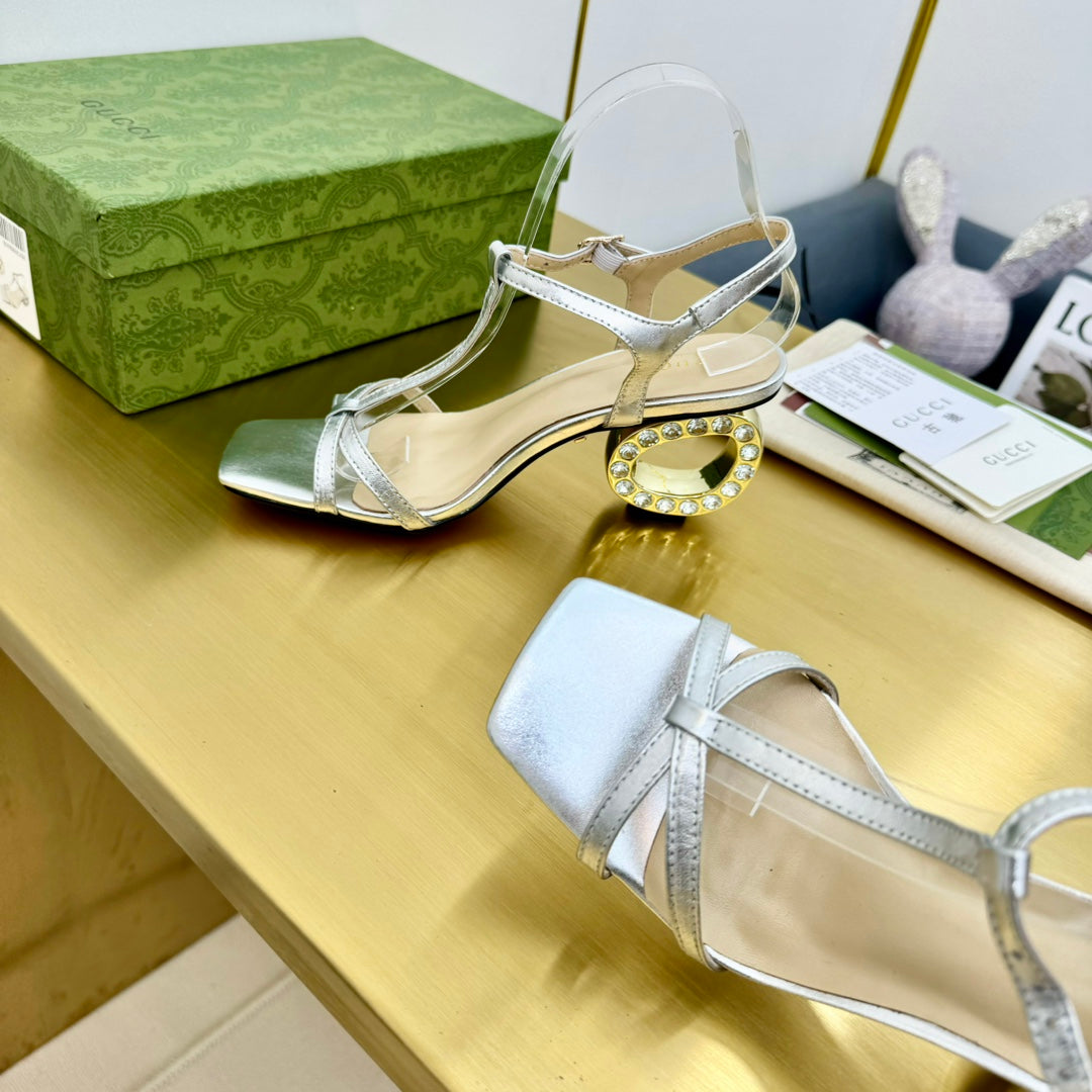 MEDIUM-HEEL SANDAL IN SILVER CALFSKIN GOLD HARDWARE WITH RHINSTONES