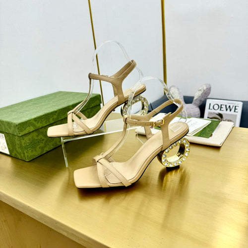 MEDIUM-HEEL SANDAL IN TAN BEIGE CALFSKIN GOLD HARDWARE WITH RHINSTONES