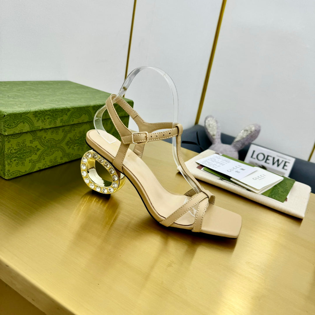 MEDIUM-HEEL SANDAL IN TAN BEIGE CALFSKIN GOLD HARDWARE WITH RHINSTONES