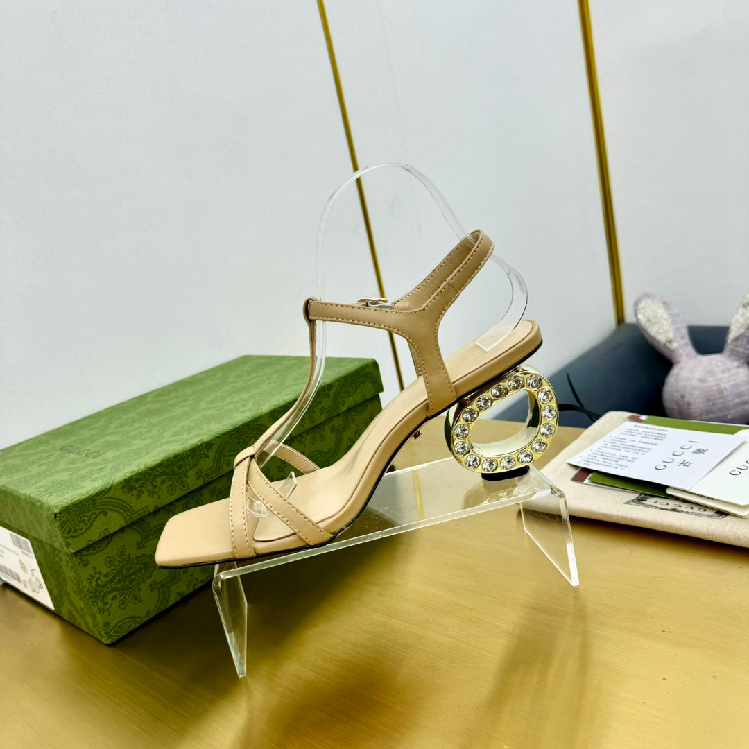 MEDIUM-HEEL SANDAL IN TAN BEIGE CALFSKIN GOLD HARDWARE WITH RHINSTONES