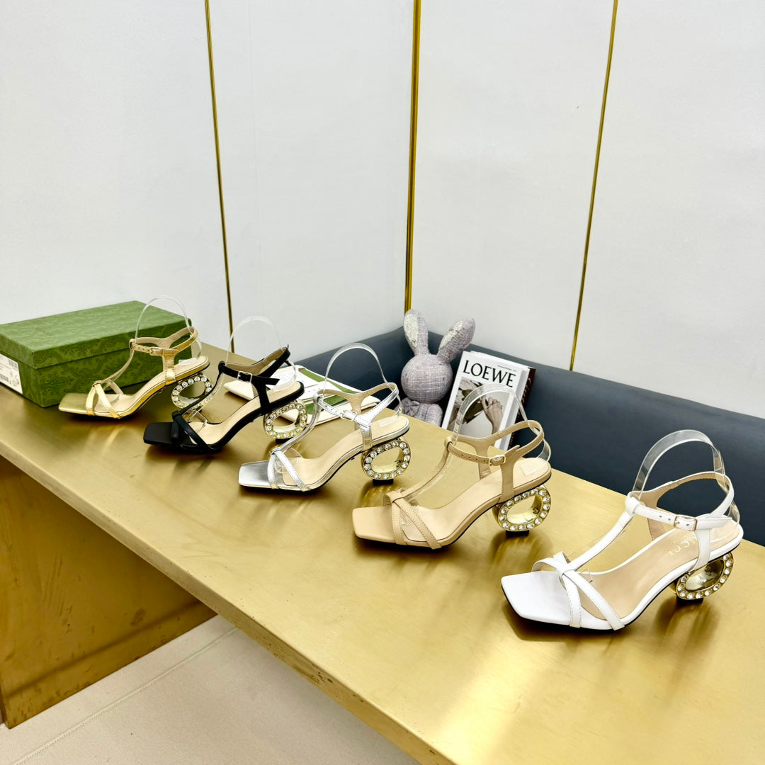 MEDIUM-HEEL SANDAL IN TAN BEIGE CALFSKIN GOLD HARDWARE WITH RHINSTONES