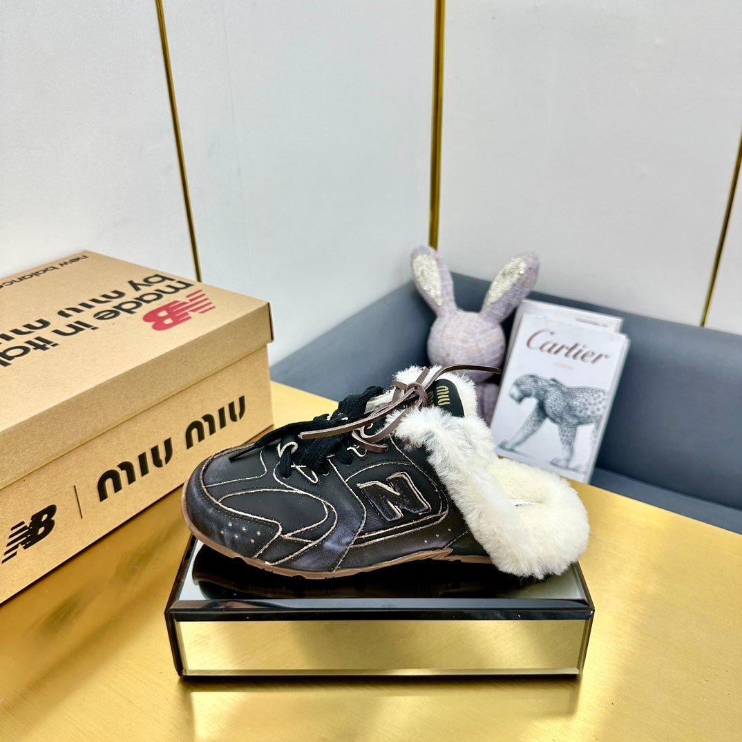 MIUxNB 530 SNEAKER MULES IN BLACK CALFSKIN SHEARLING