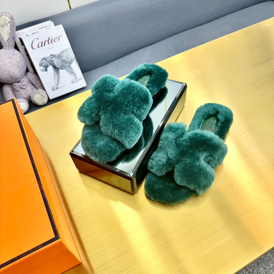 0RAN SHEARLING SANDALS TEAL GREEN