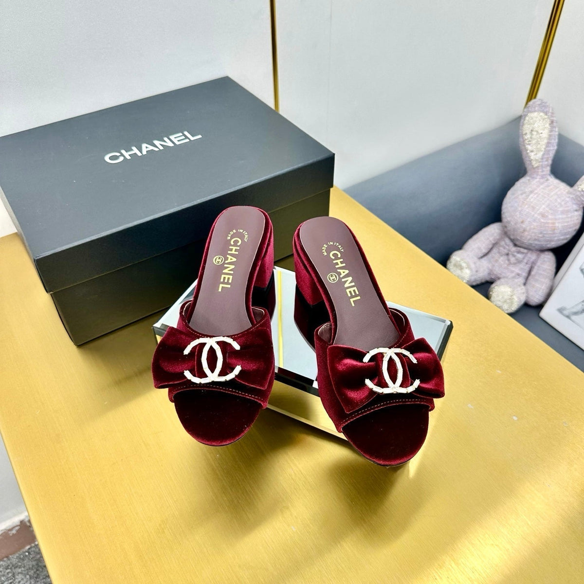 BOWKNOT RHINESTONES MID HEEL MULE IN GARNET RED VELVET