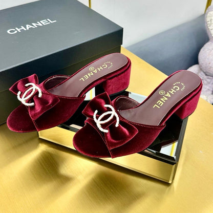 BOWKNOT RHINESTONES MID HEEL MULE IN GARNET RED VELVET