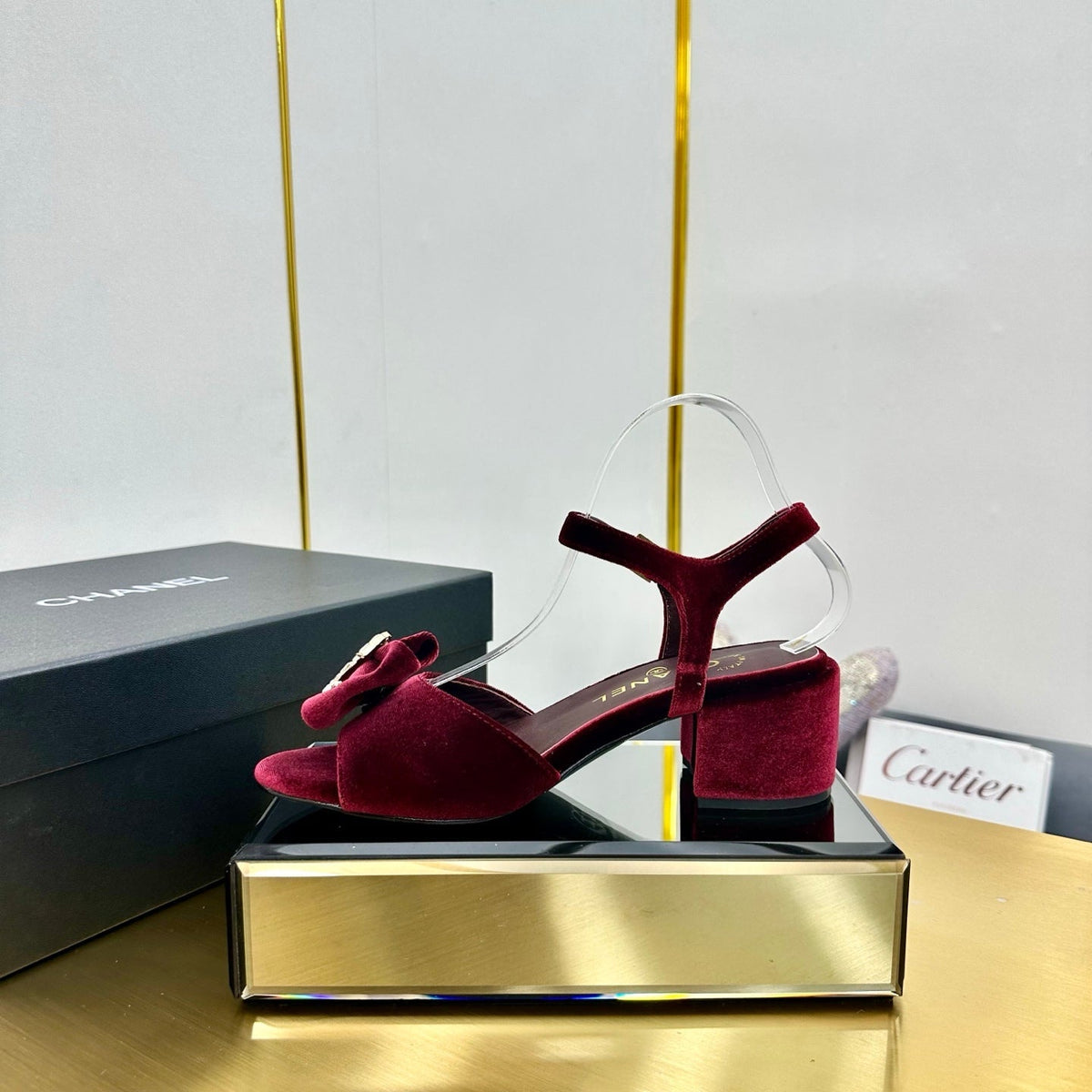 BOWKNOT RHINESTONES MID HEEL SANDAL IN GARNET RED VELVET