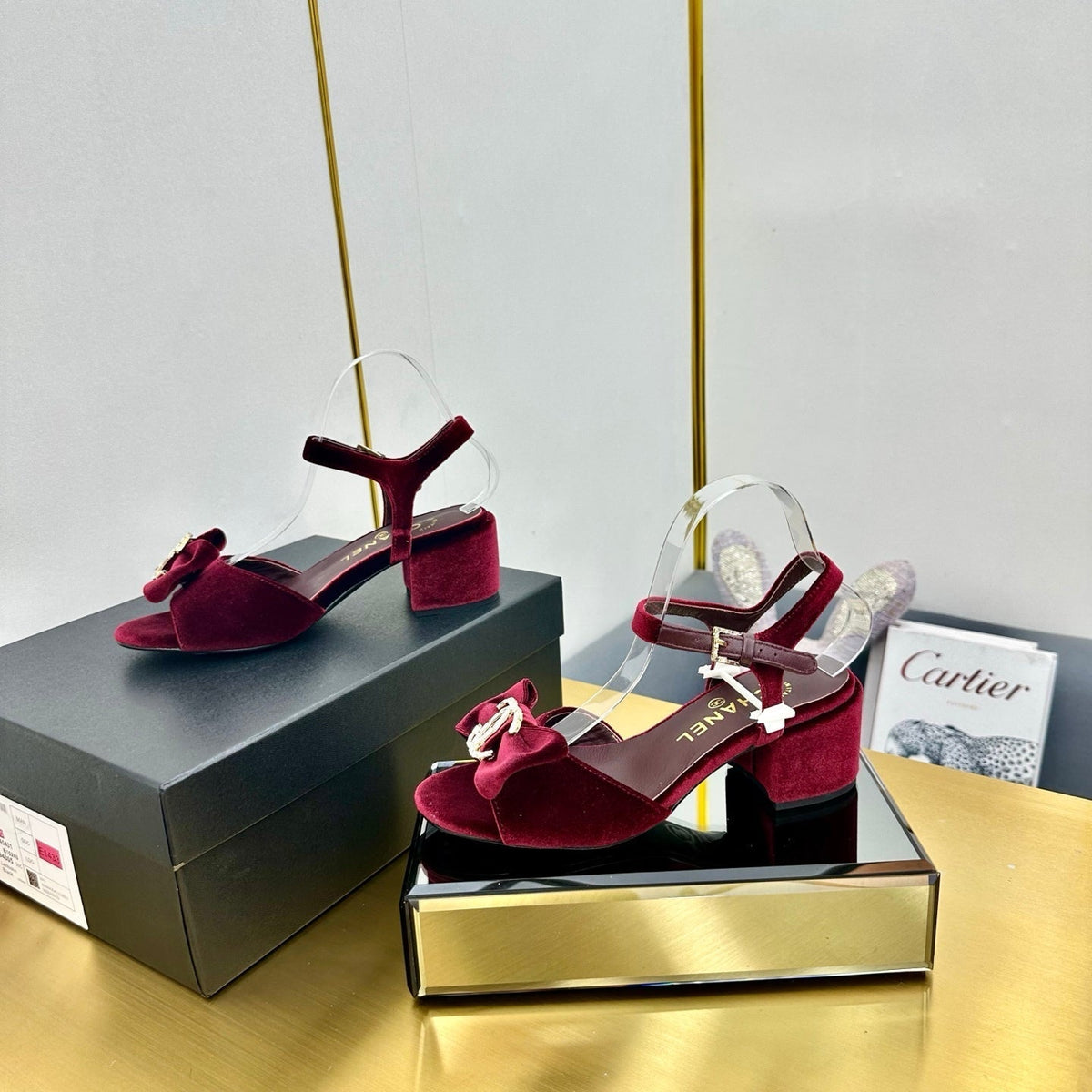 BOWKNOT RHINESTONES MID HEEL SANDAL IN GARNET RED VELVET