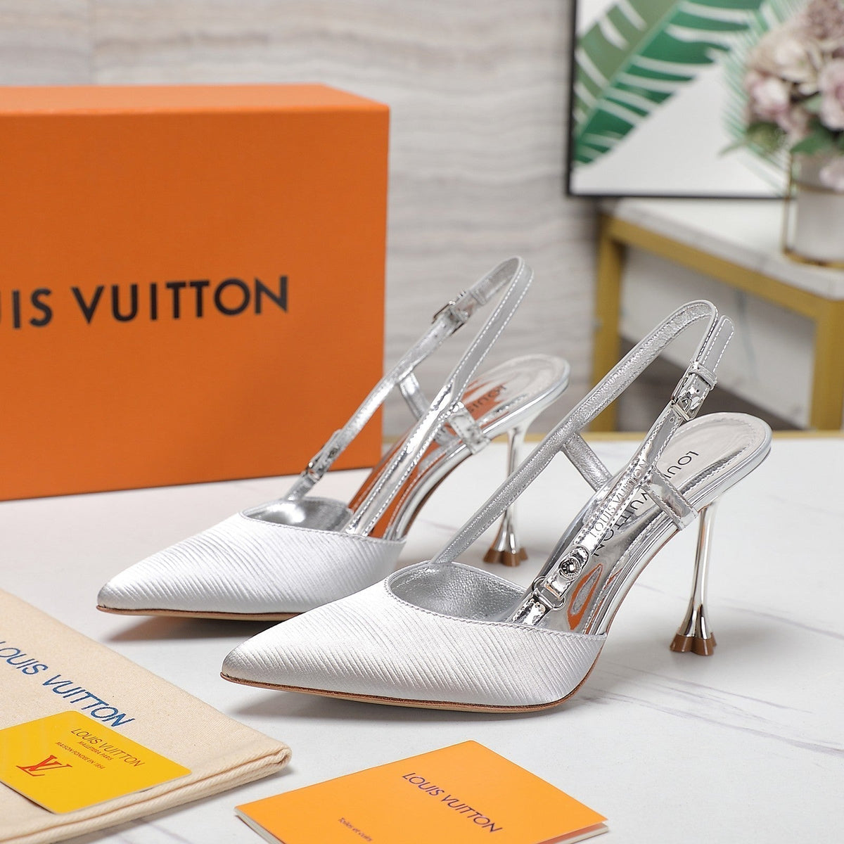 LV WOMEN BLOSSOM SLINGBACK PUMP IN SILVER EMBROIDERED FABRIC
